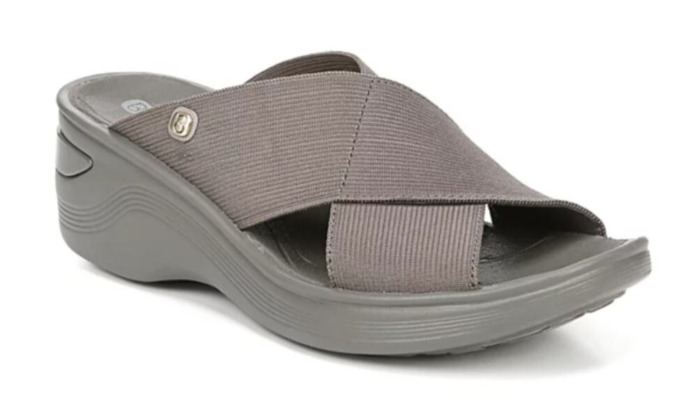BZEES WOMEN'S WASHABLE SLIDE WEDGE SANDAL TAUPE BROWN STRETCH FABRIC 9W WIDE